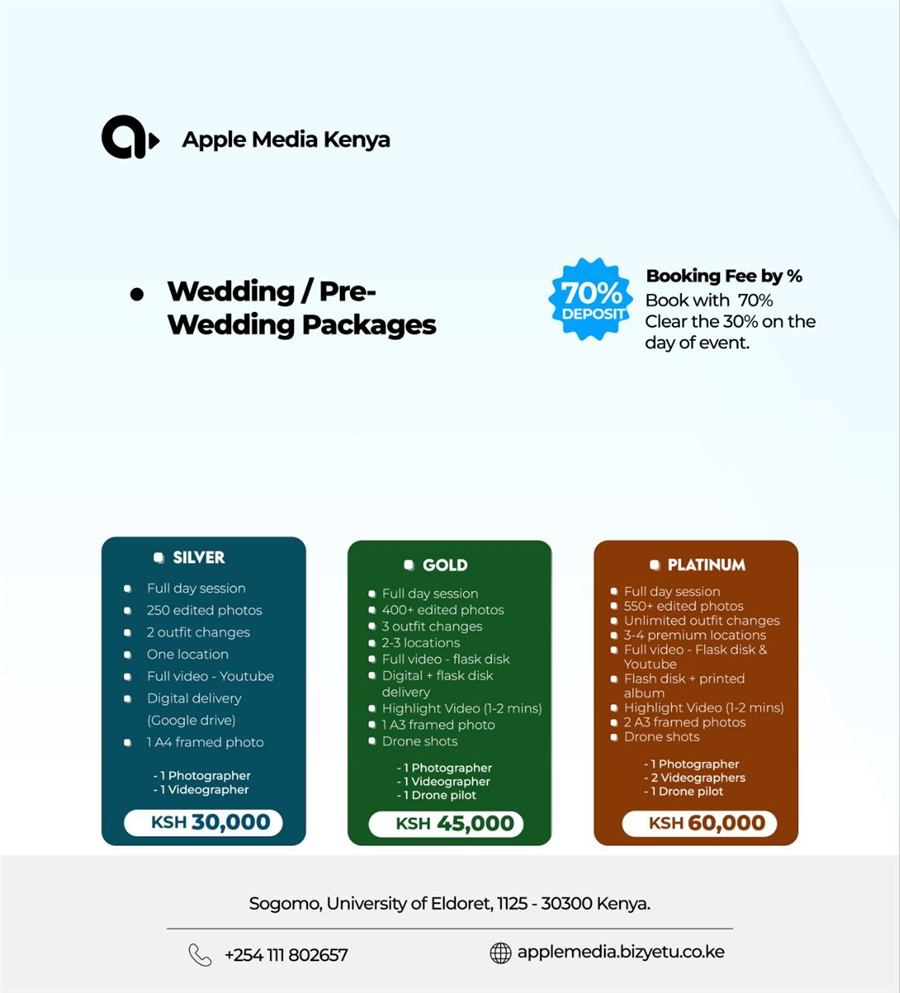 Wedding & pre-wedding packages — Silver, Gold and Platinum