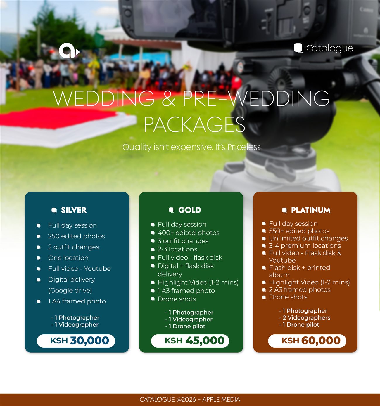 Apple Media Kenya wedding & pre-wedding packages — Silver, Gold and Platinum